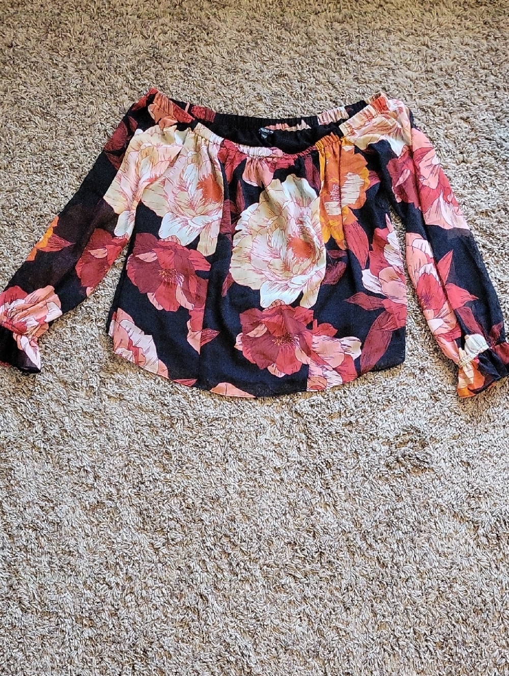 Guess Off-Shoulder Floral Blouse - Black with Pink & Cream Blooms